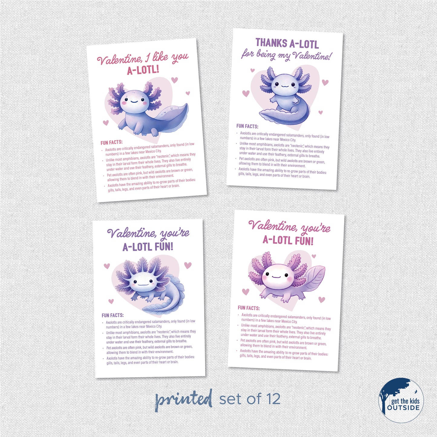 Valentines - Axolotl Fun Facts - printed (set of 12)