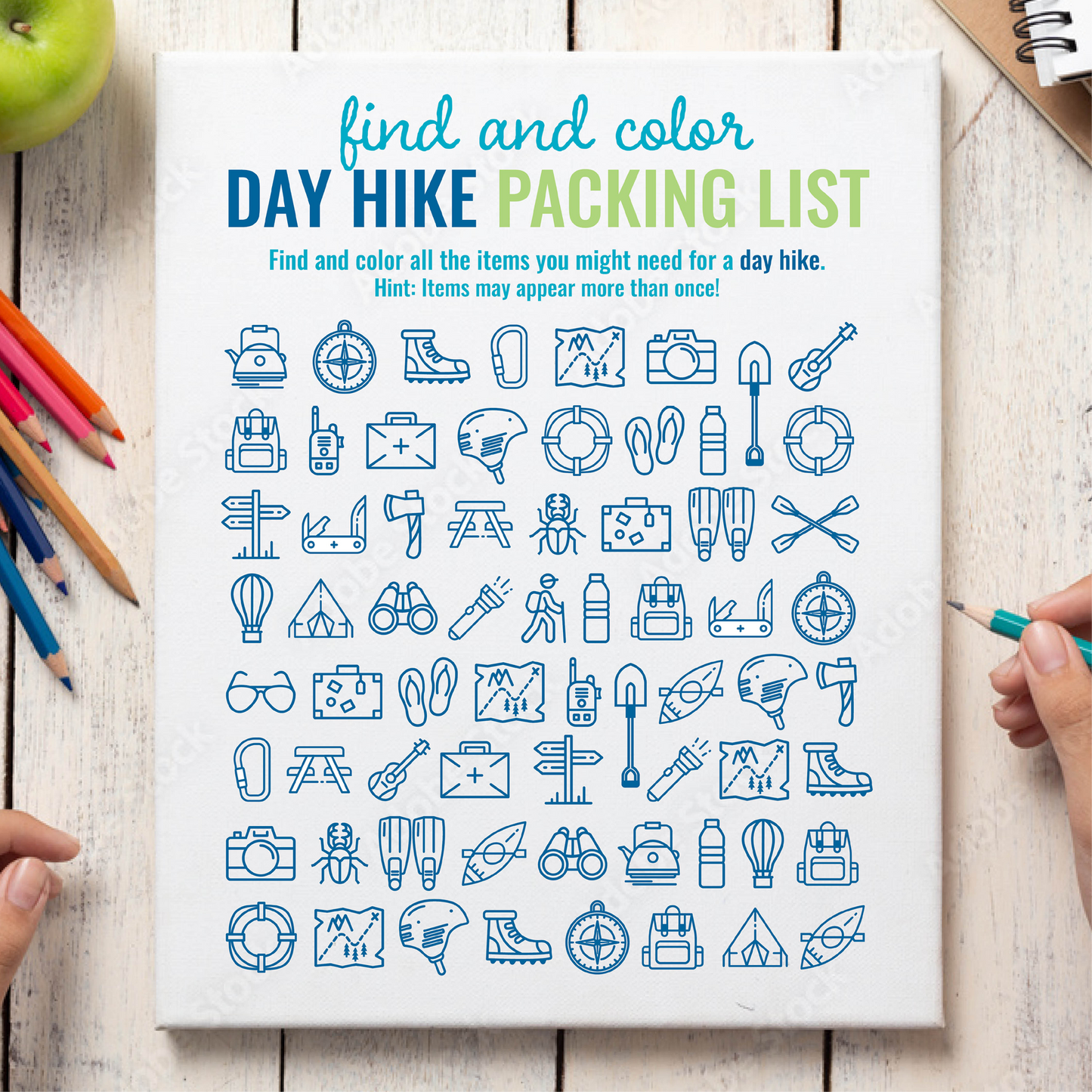 Find and Color: Day Hike Packing List
