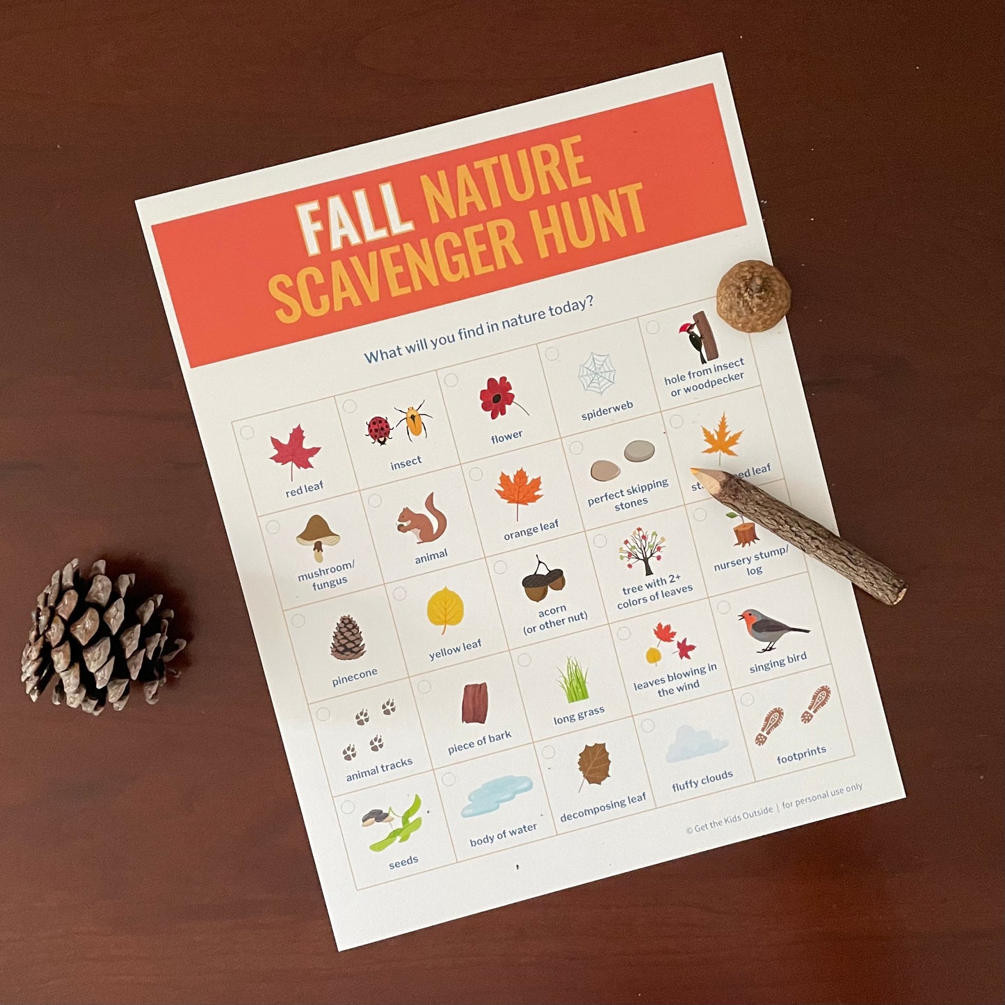 fall nature scavenger hunt on table with pinecone, acorn