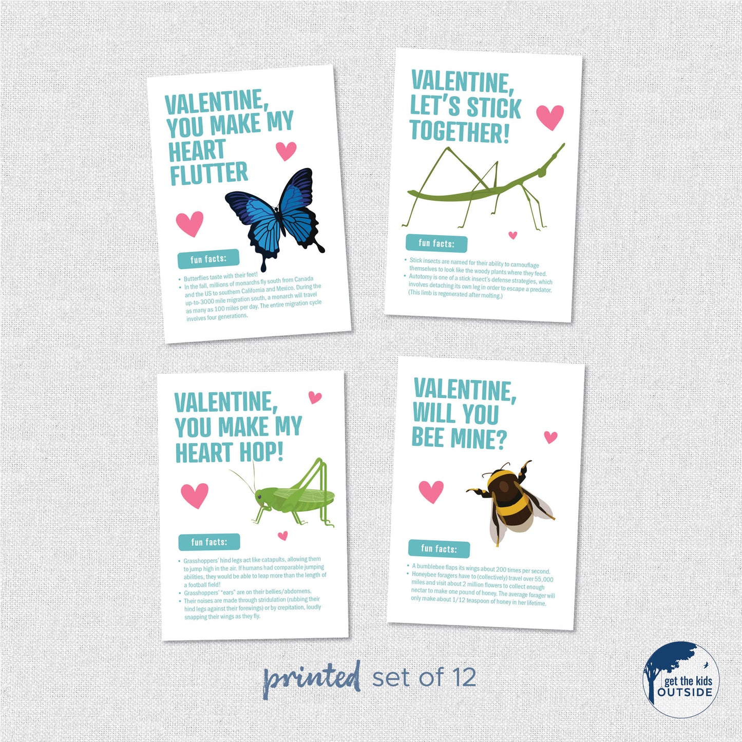 Valentines - Insects A - printed (set of 12)